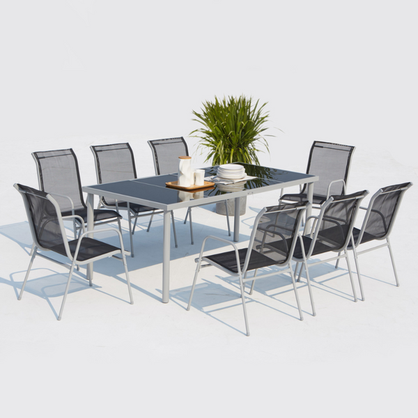 Table de jardin et 8 chaises en acier et toile PVC gris ATIMA