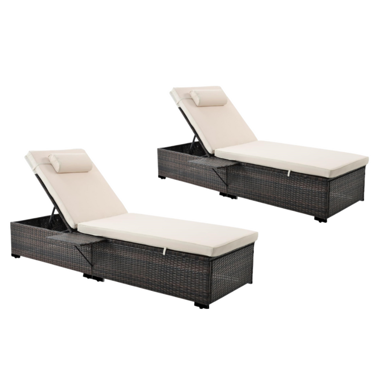 Lot de 2 transats coussins beiges en résine tressée avec tablette latérale LEO
