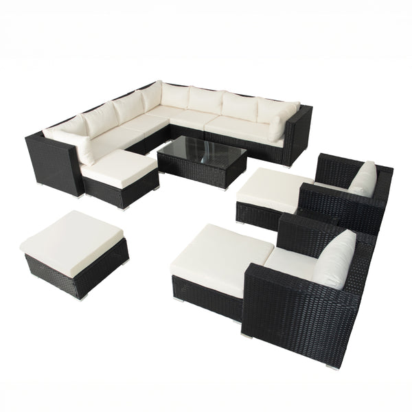 SANSA - Salon de jardin modulable 13/14 places en résine tressée noir et blanc