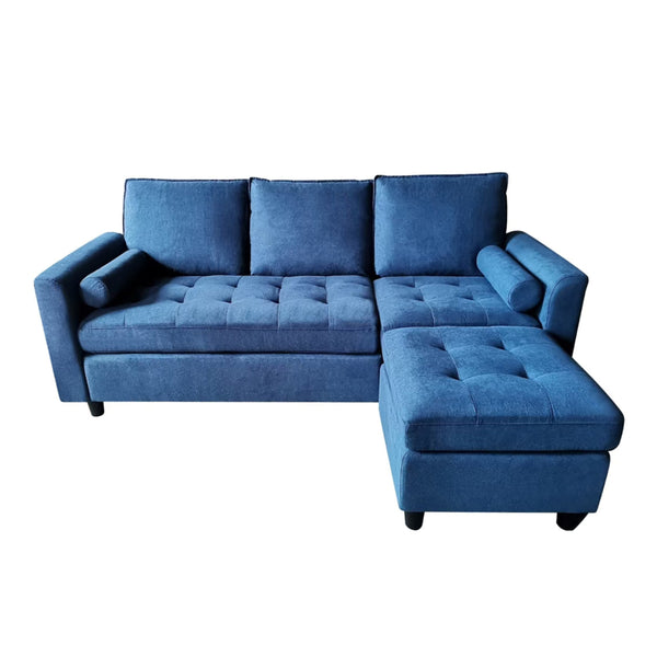 CHARLES - Canapé 3 places en velours avec pouf bleu