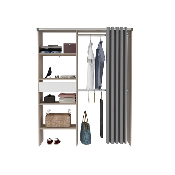MONTRELO Dressing avec rideau, 4 étagères, 2 penderies et un tiroir bois et blanc
