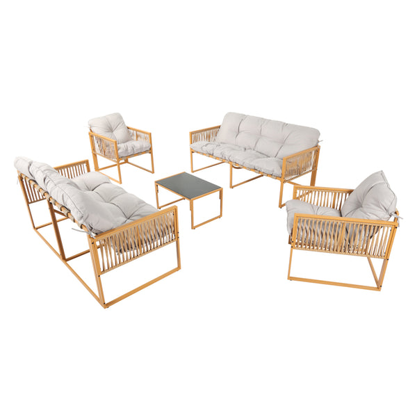 FORLI Salon de jardin 8 places effet rotin coussins gris clair