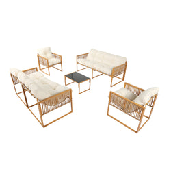 FORLI Salon de jardin 8 places effet rotin coussins blancs