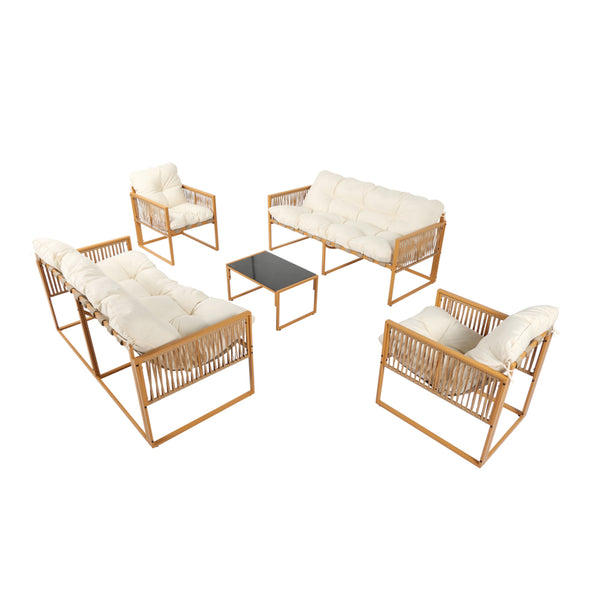 FORLI Salon de jardin 8 places effet rotin coussins blancs