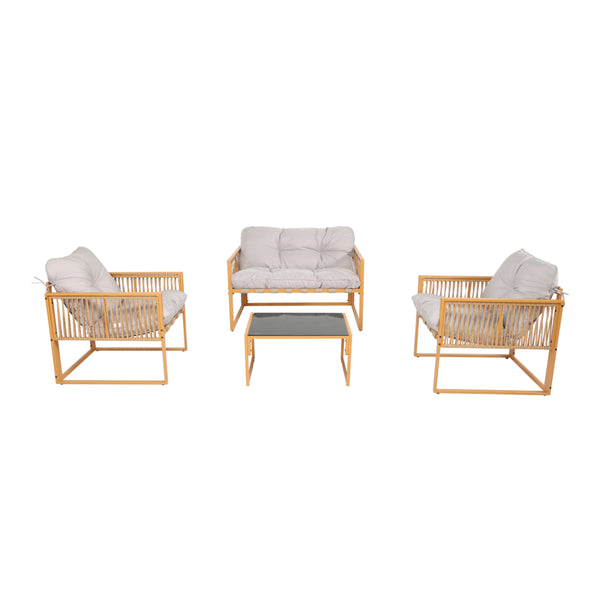 FORLI Salon de jardin 4 places effet rotin coussins gris clair