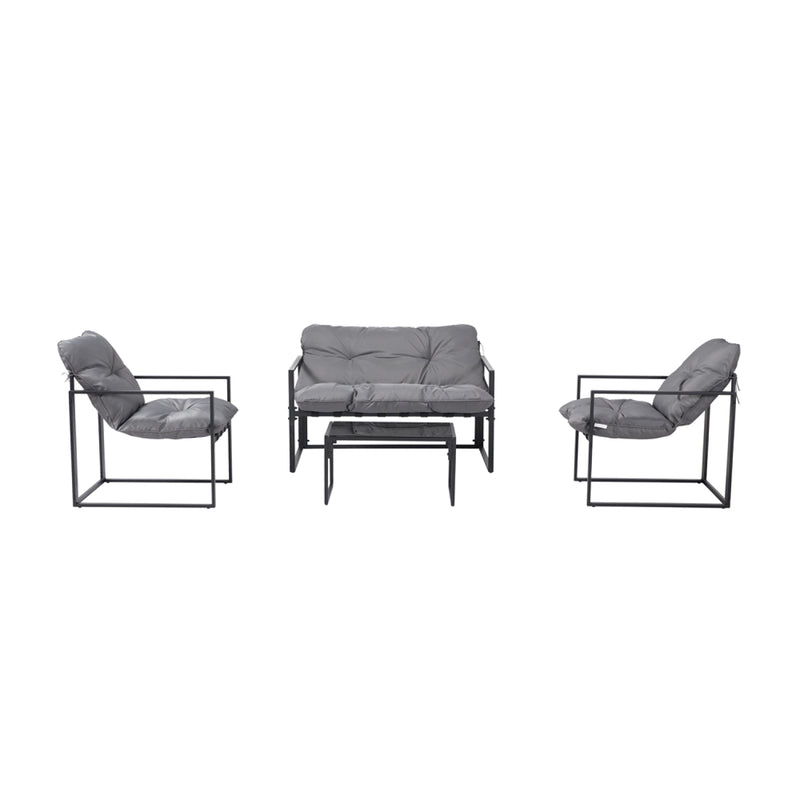 LANA Salon de jardin 4 places contemporain noir et coussins gris