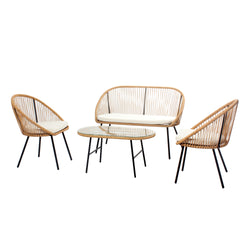 HELLO Salon de jardin 4 places esprit rotin naturel et coussins beiges