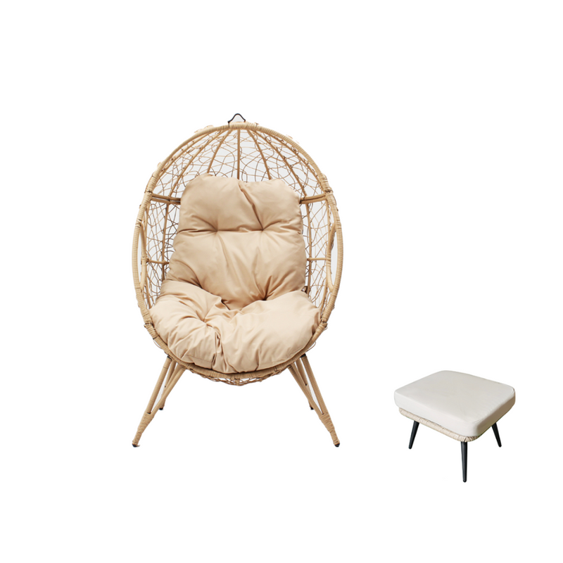 Ensemble d'extérieur : fauteuil suspendu effet rotin et repose-pieds avec coussin beige JIMMY