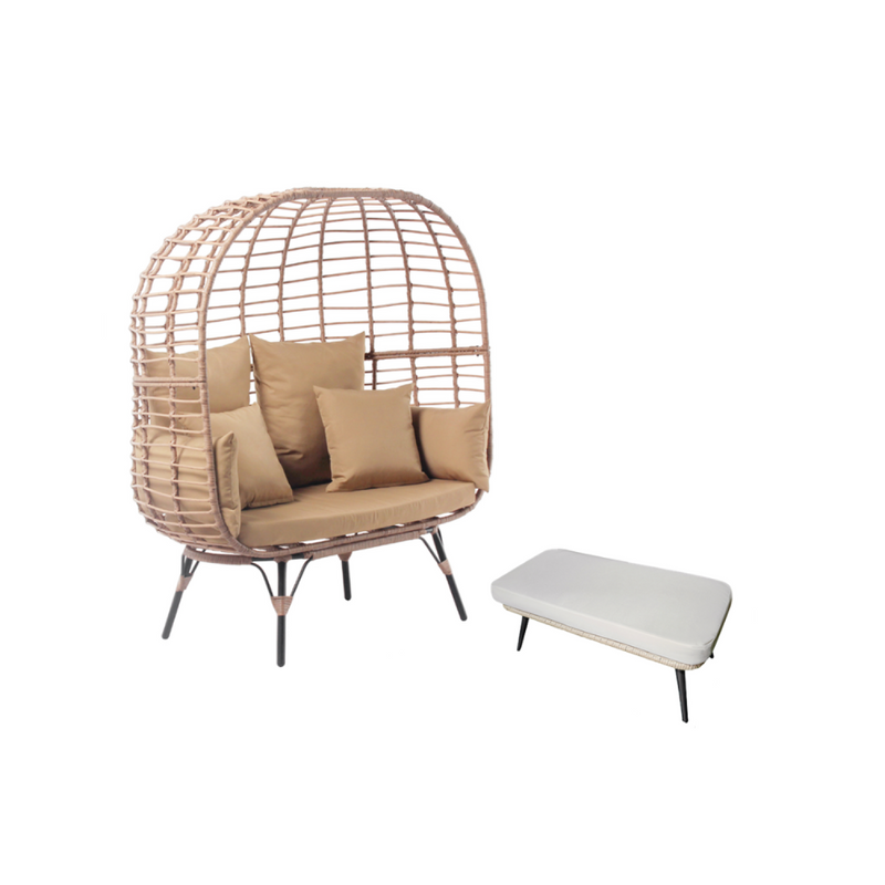 Ensemble fauteuil sur pied effet rotin et repose-pieds avec coussin beige JIMMY