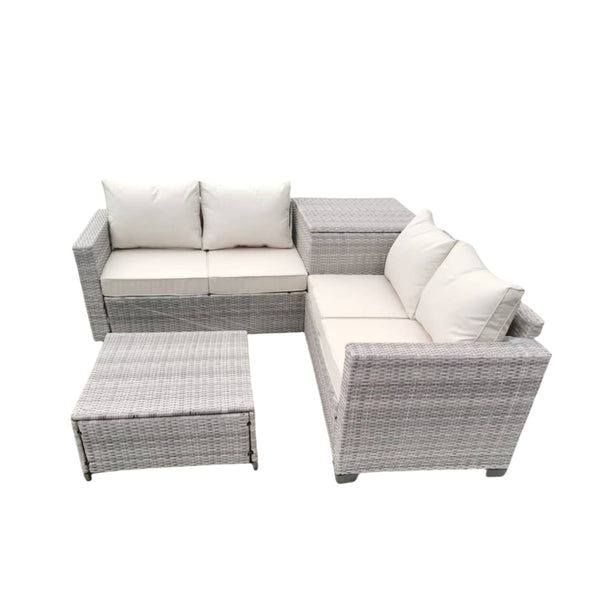 LIAM Salon de jardin d'angle 4 places en résine tressée avec coffre de rangement gris et beige