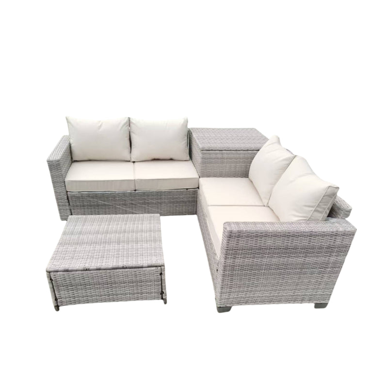 LIAM Salon de jardin d'angle 4 places en résine tressée avec coffre de rangement gris et beige