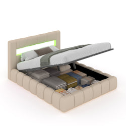 MAKILA Lit nuage coffre LED 140x190cm velours beige avec tête de lit et sommier
