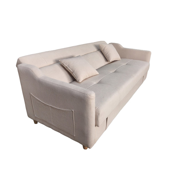 BAKAR Canapé convertible avec coffre en velours cotelé beige 3 places