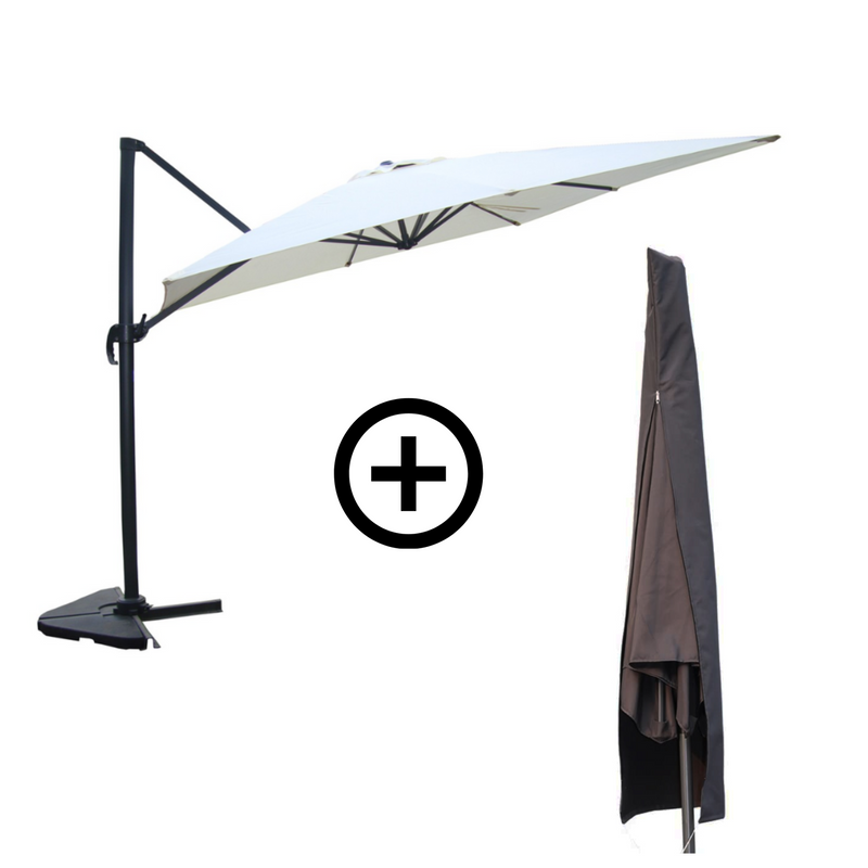 NAVIA Bundle parasol rectangulaire 3x4m déporté rotatif écru en aluminium + housse