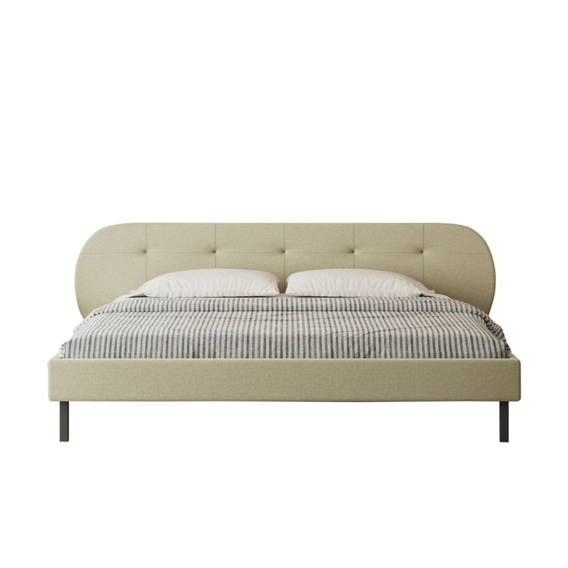 RENO Lit capitonné 140x190cm beige avec tête de lit et sommier