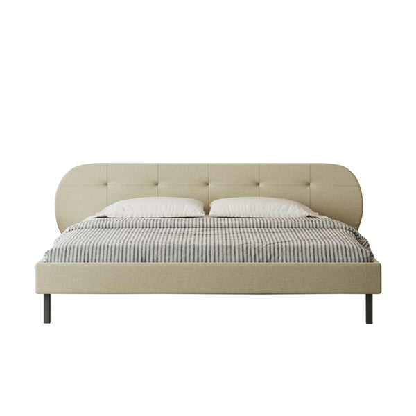 RENO Lit capitonné 160x200cm beige avec tête de lit et sommier