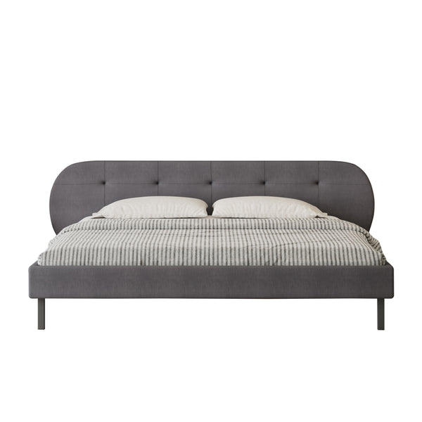 RENO Lit capitonné 160x200cm gris avec tête de lit et sommier