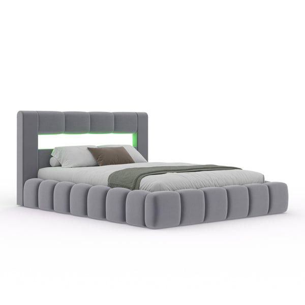 MAKILA Lit nuage avec coffre de rangement et LED 180x200cm en velours gris avec tête de lit et sommier