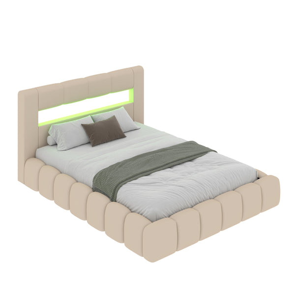 MAKILA Lit nuage avec coffre de rangement et LED 180x200cm en velours beige avec tête de lit et sommier