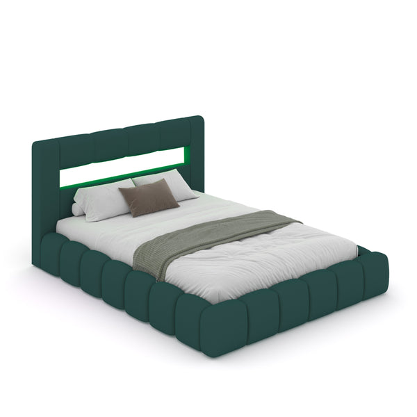 MAKILA Lit nuage avec coffre de rangement et LED 180x200cm en velours vert avec tête de lit et sommier