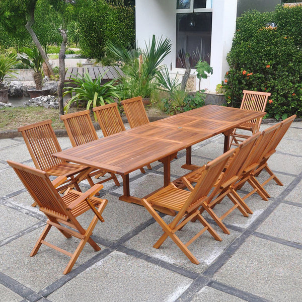 Table rectangulaire 8 chaises et 2 fauteuils en teck huilé NARRA