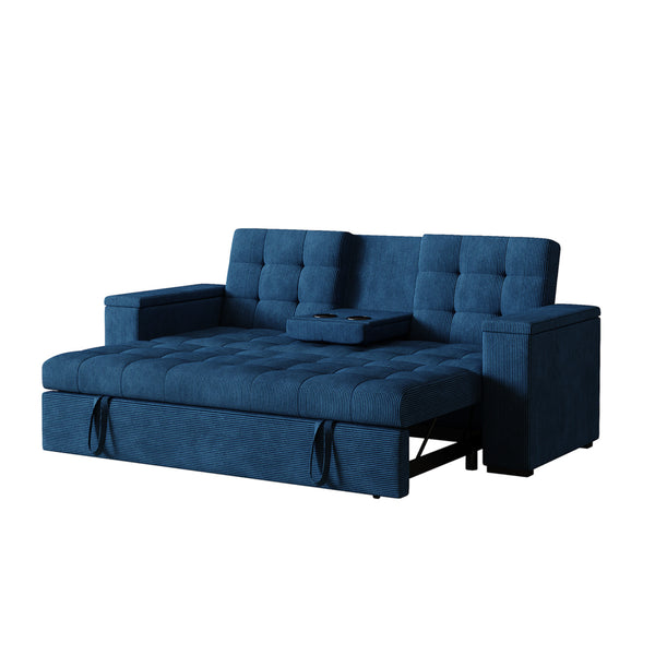 Canapé 3 places convertible avec tablette centrale et accoudoirs amovibles bleu velours côtelé TILIA