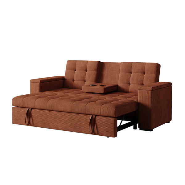 Canapé 3 places convertible avec tablette centrale et accoudoirs amovibles terracotta velours côtelé TILIA