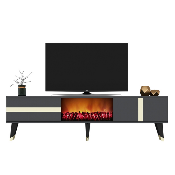 EASTSIDE Meuble TV sur pieds avec cheminée LED 150cm gris anthracite et détails dorés
