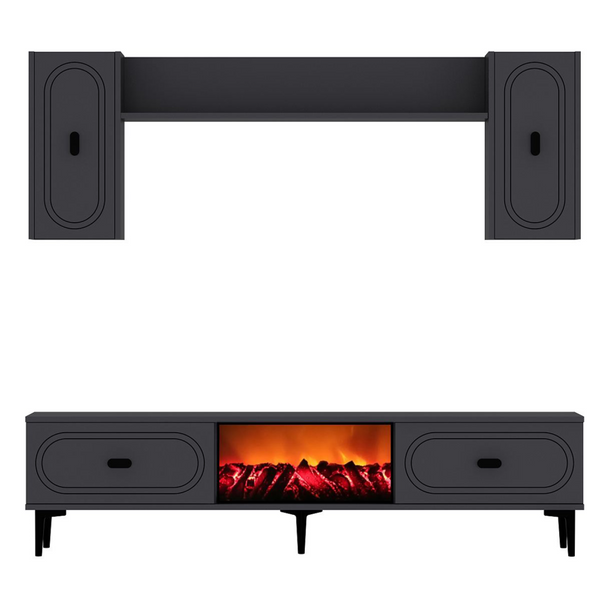 LEWES Ensemble meuble TV avec étagères murales et cheminée LED 150cm gris anthracite