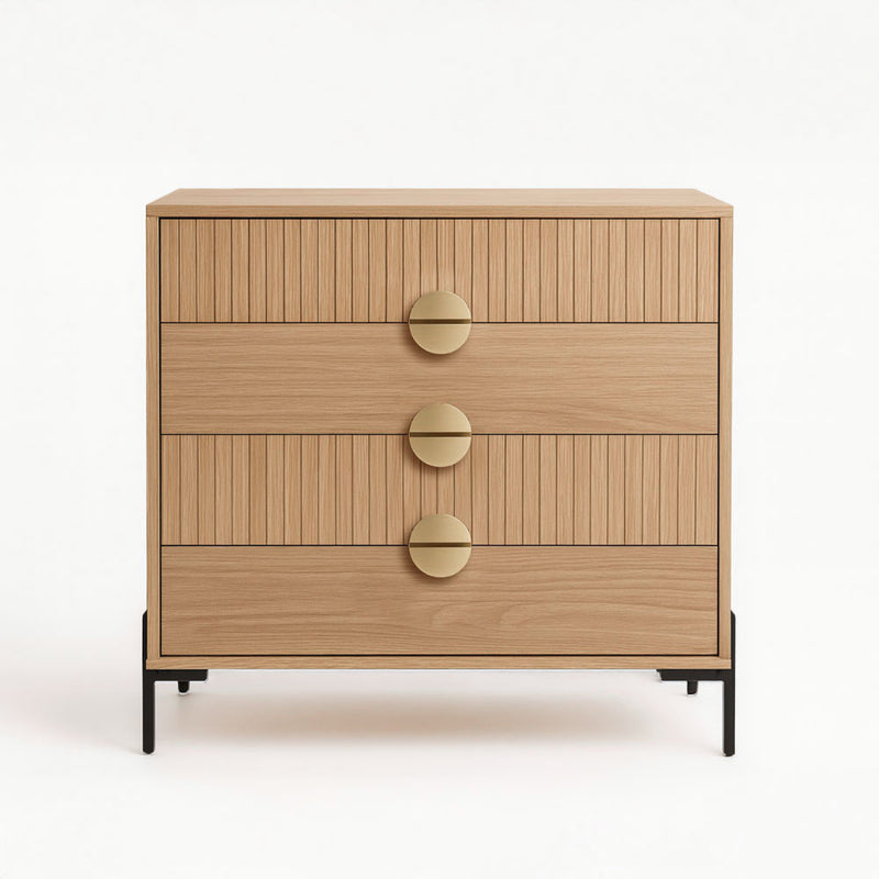 TORINESE Commode 4 tiroirs décor bois rainuré et poignées dorées 84cm