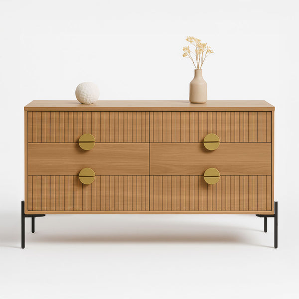 TORINESE Commode 6 tiroirs décor bois rainuré et poignées dorées 124cm