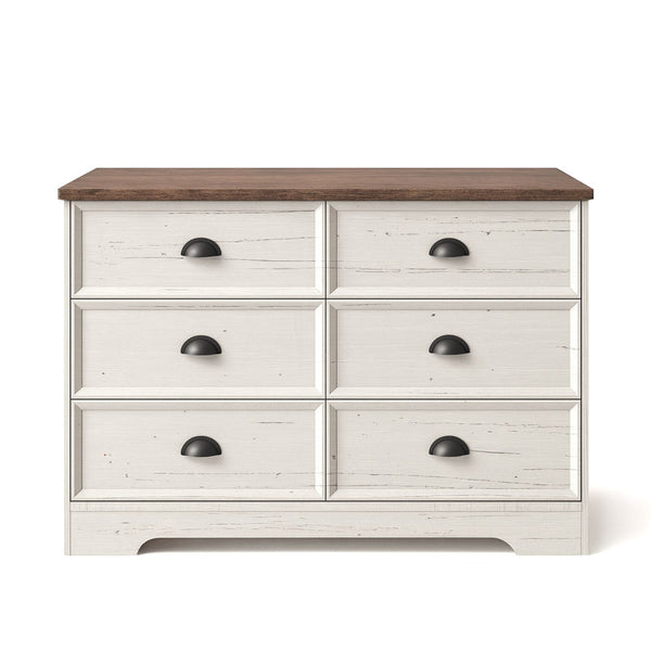 YORK Commode 6 tiroirs blanc et bois 120cm