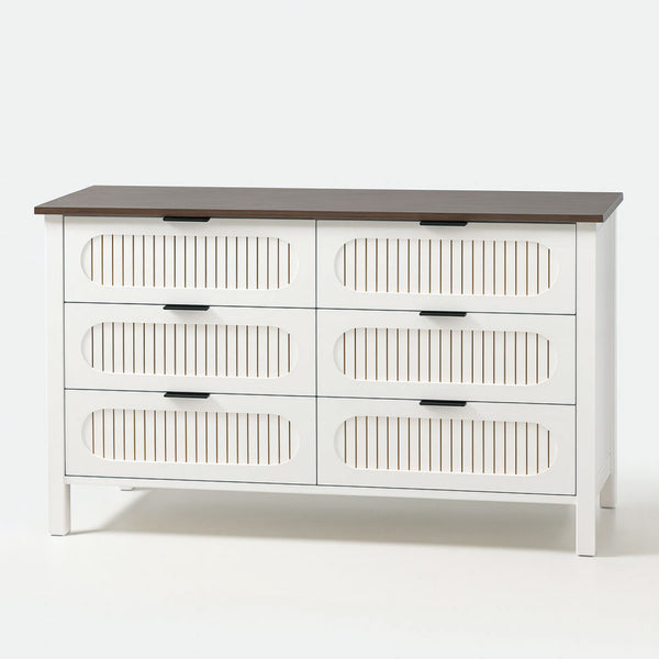 NORTH Commode 6 tiroirs blanc rainuré et bois 120cm