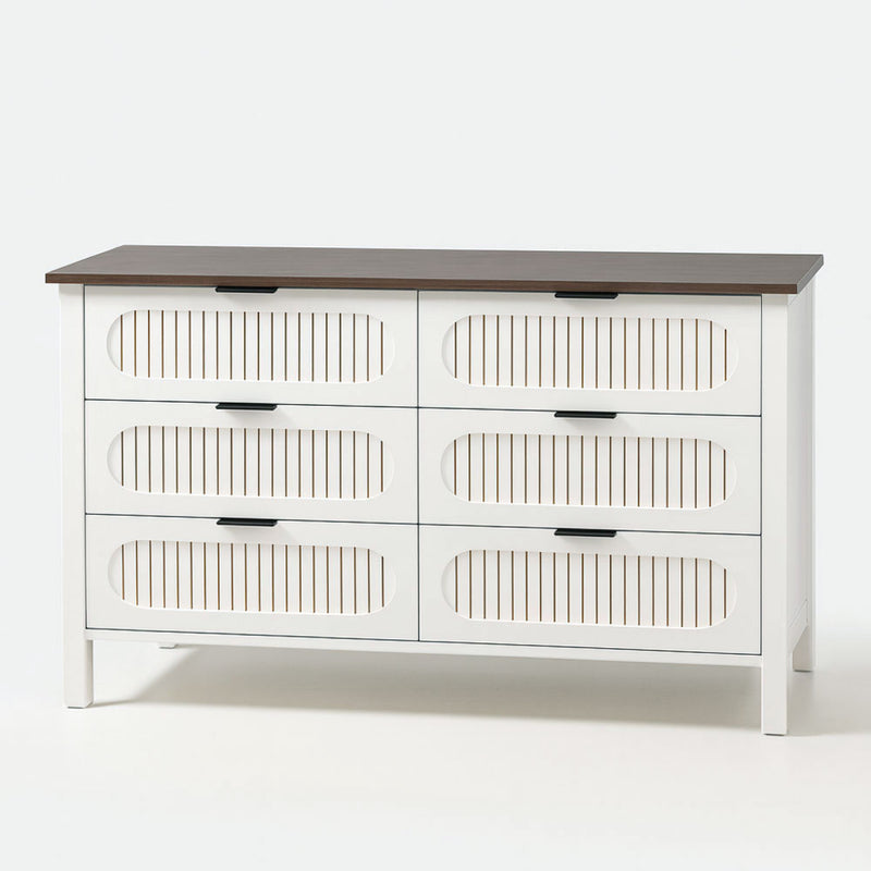 NORTH Commode 6 tiroirs blanc rainuré et bois 120cm