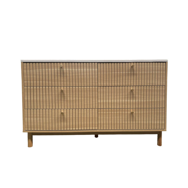 MIRANDELA Buffet 6 tiroirs aspect bois rainuré et blanc 120cm