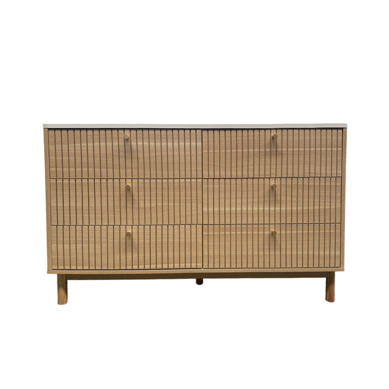 MIRANDELA Buffet 6 tiroirs aspect bois rainuré et blanc 120cm