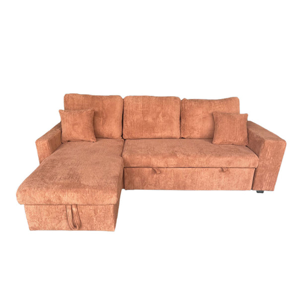 SAN DIEGO Canapé d'angle convertible 4 places avec coffre en velours côtelé terracotta