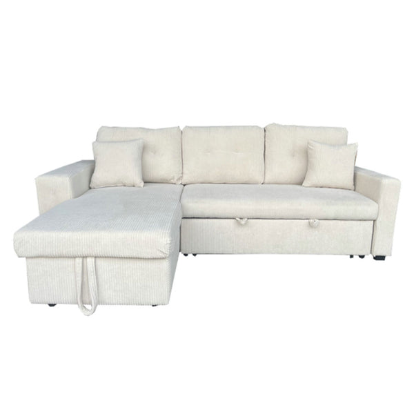 SAN DIEGO Canapé d'angle convertible 4 places avec coffre en velours côtelé beige