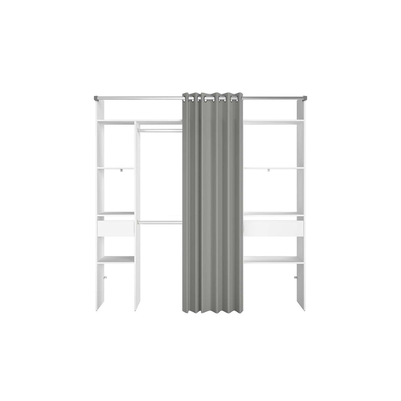 MATIGNON - Dressing blanc avec rideau gris et 2 penderies, 6 étagères et 2 tiroirs