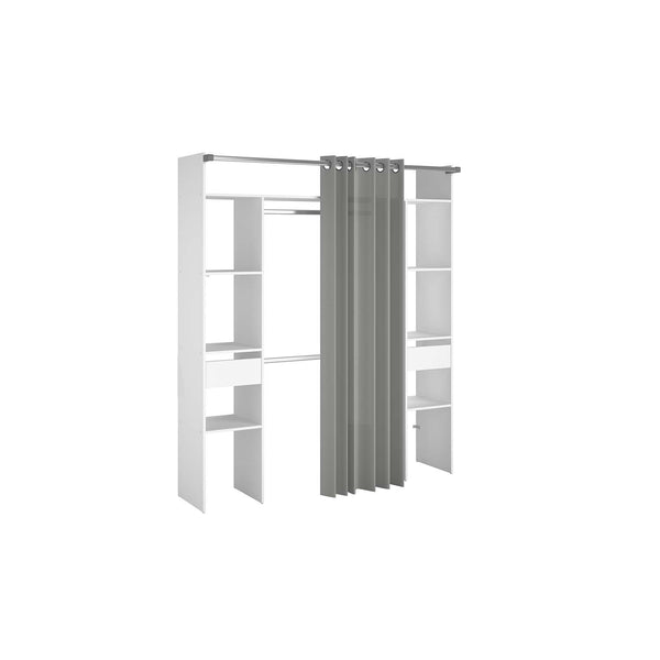 MATIGNON - Dressing blanc avec rideau gris et grande penderie, 6 étagères et 2 tiroirs