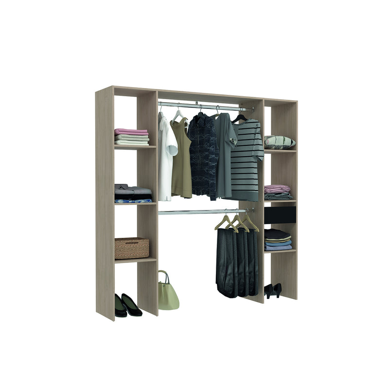 MATIGNON - Dressing bois avec 6 étagères, 1 tiroir et 2 penderies : 180 x 40 x 180 cm