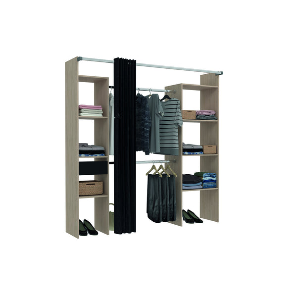 MATIGNON - Dressing bois avec rideau gris et 2 penderies, 6 étagères et un tiroir