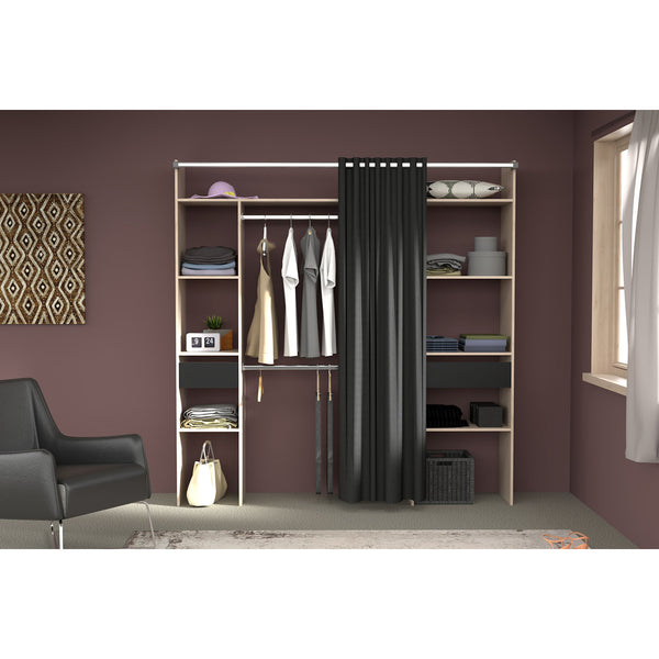 MATIGNON - Dressing bois avec rideau noir et 2 penderies, 6 étagères et 2 tiroirs