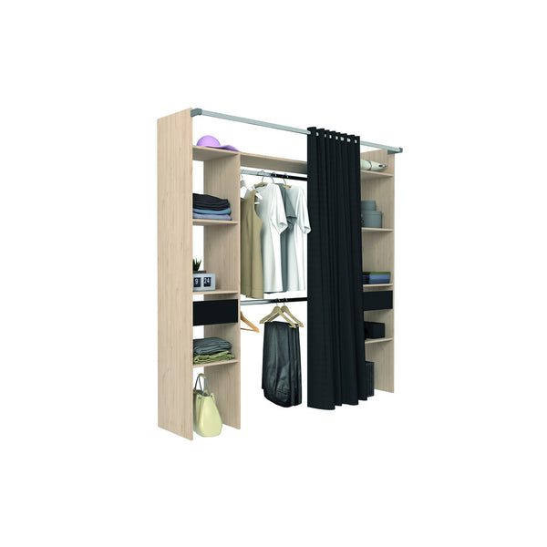 Dressing bois avec rideau noir et 2 penderies, 6 étagères et 2 tiroirs MATIGNON