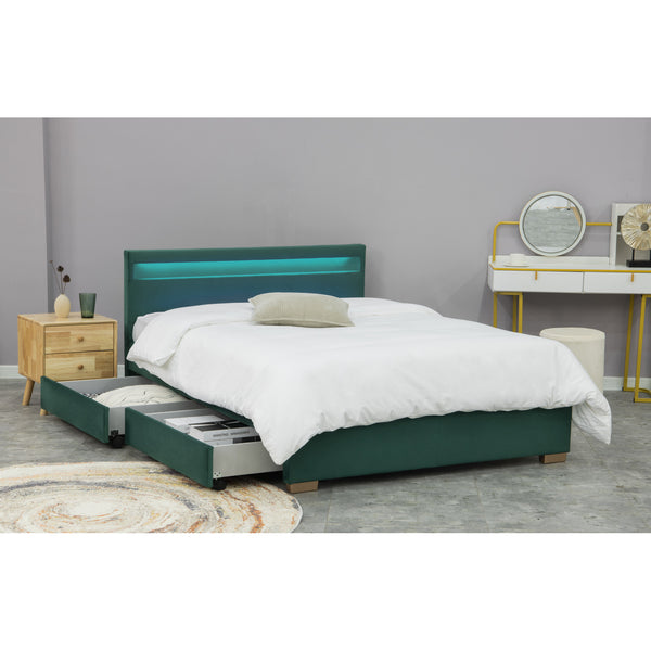 NEXUS - Structure de lit en velours vert avec rangements et LED intégrées  140x190 cm
