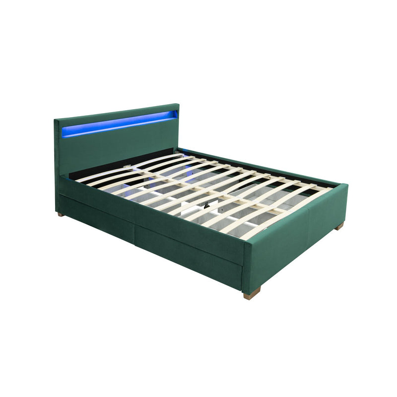 Structure de lit en velours vert avec rangements et LED intégrées 140x190 cm NEXUS