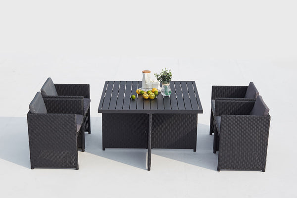 Table et chaises 4 places encastrables alu et résin noir/gris ABASA