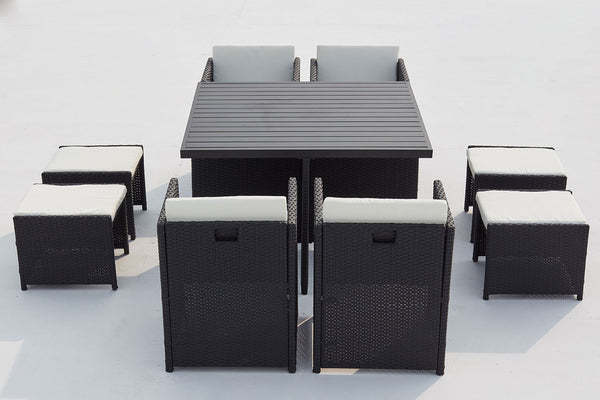 Table et chaise 8 places encastrables alu résine noir/blanc ABASA