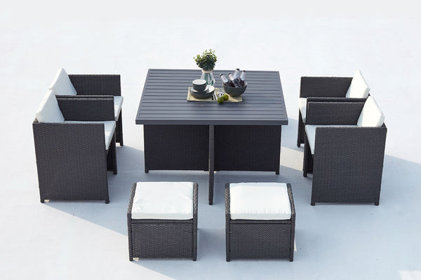 Table et chaise 8 places encastrables alu résine gris/blanc ABASA