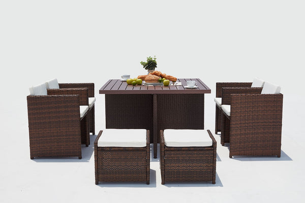 Table et chaise 8 places encastrables alu résine marron/blanc ABASA